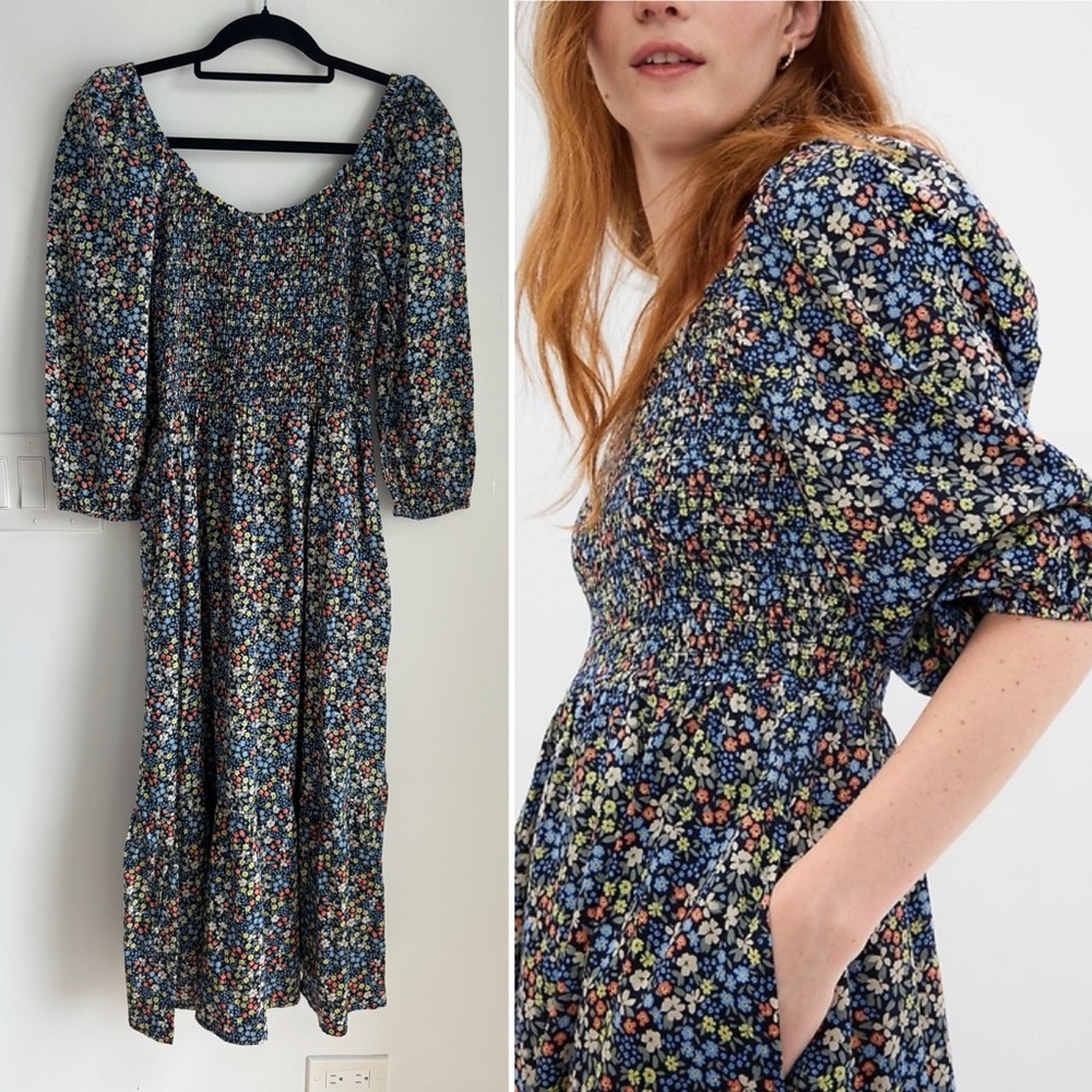 GAP Puff Sleeve Smocked Waist Tiered Floral Midi Dress Women’s Medium NWT